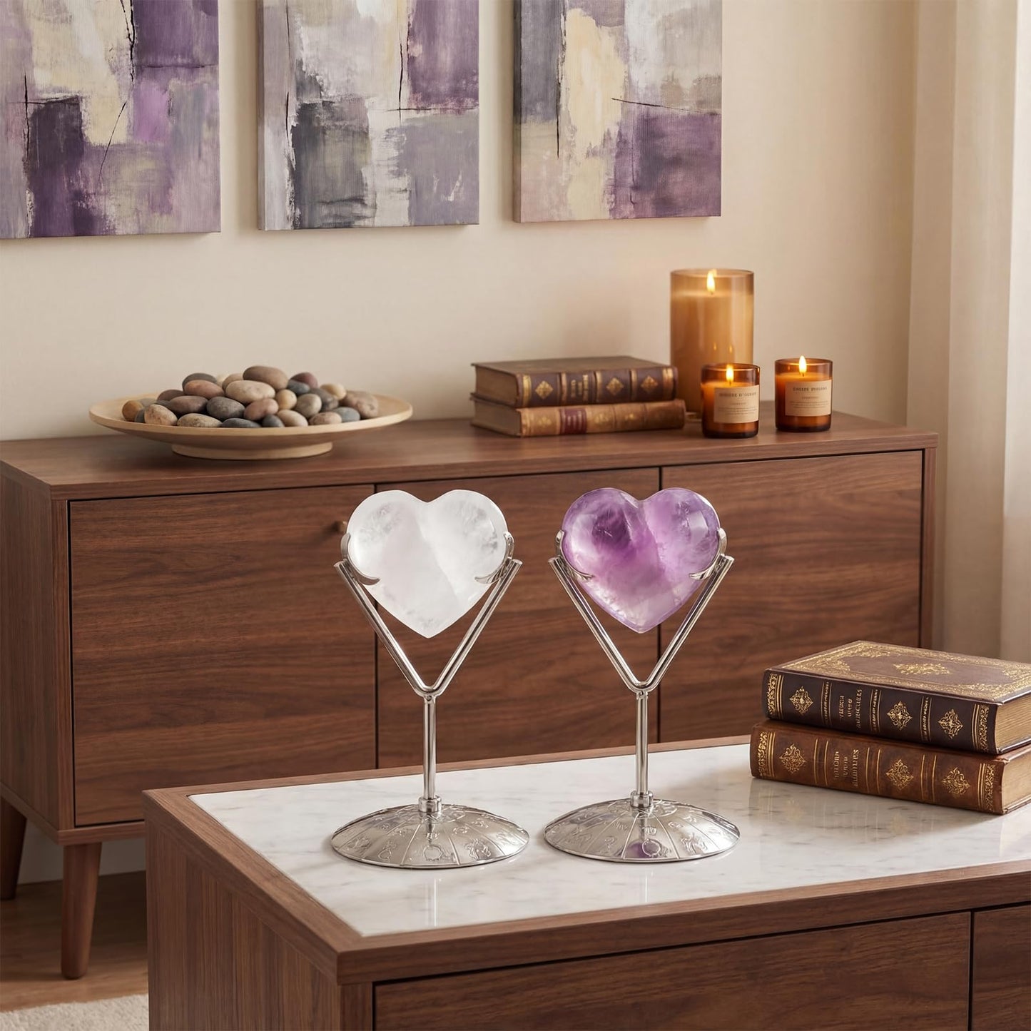 Otoolling Silver 2 Pcs Heart Shape Metal Display Stand Adjustable Silver Rock Display Holder for Gemstones Minerals Agate Slabs Plates Seashell Sphere Crystal Ball Eggs Collectibles