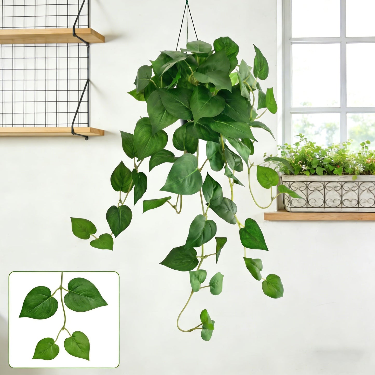 Artificial Pothos Hanging Plant, 25" Set of 2 Faux Ivy Vines with Pots
