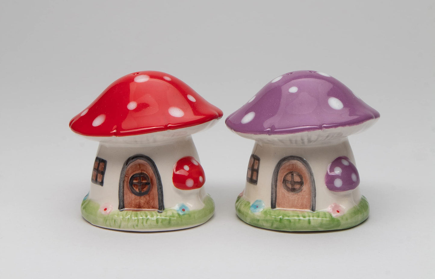 Fine Ceramic Fairy Mushroom House Salt & Pepper Shakers Set, 2-5/8"