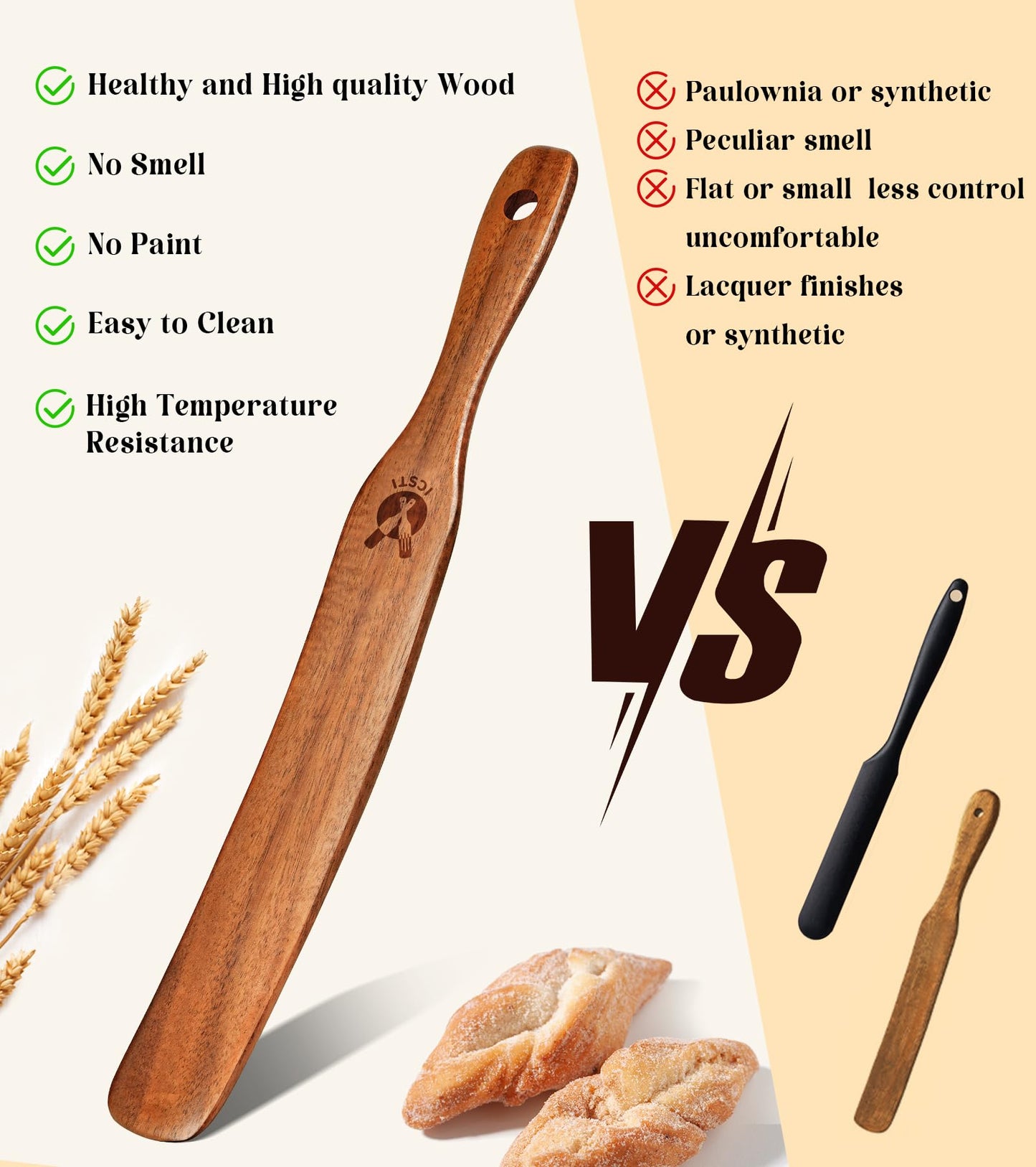 2 Pack Wooden Spurtle for Sourdough Starter, Mixing, Reaching Bottom of Jar, Dough Whisk, Natural from High Moist Resistance Teak, Spurtles Kitchen Tools Wooden Kitchen Utensils for Baking, Cooking