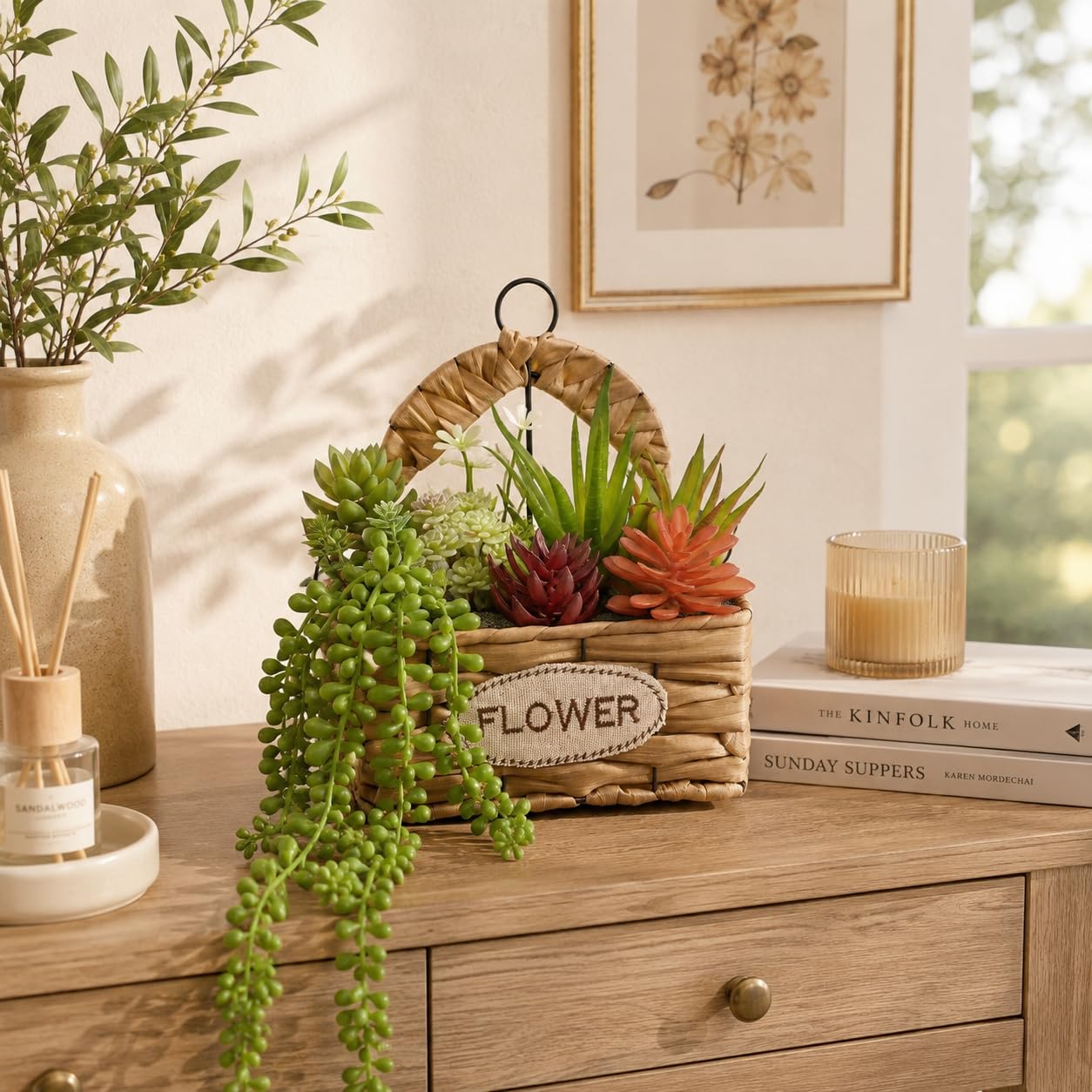 Gresorth 9 Pcs Fake Succulents Hanging Assorted Plants in Woven Basket Artificial Succulent Plant Arrangement Faux String of Pearls Aloe Aeonium Decoration Cabinet Shelf - 8.8 Inch