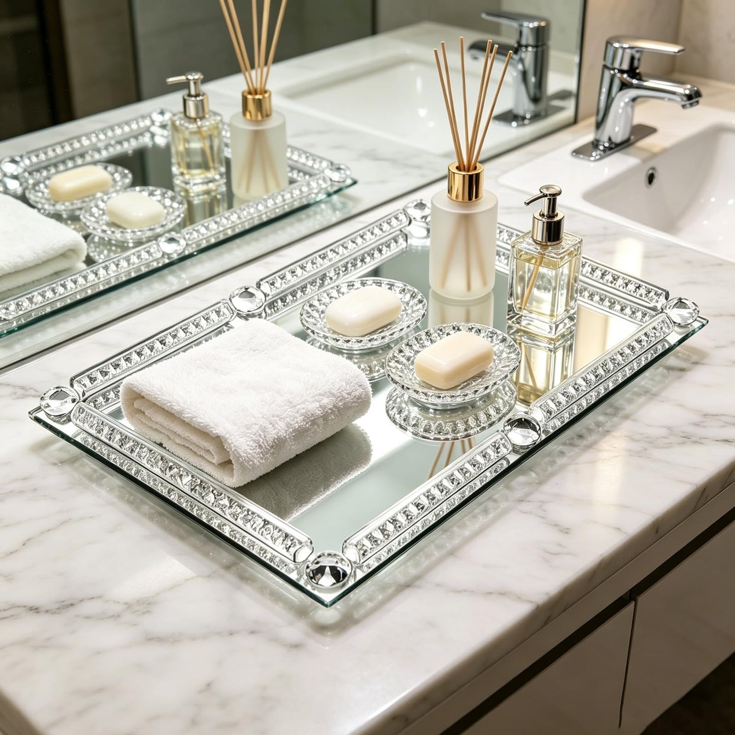 Large Silver Mirror Crystal Perfume Tray, Crushed Diamond Filled Glass Vanity Jewelry Trinket Trays, Cosmetic Makeup Vanity Organizer, for Home Decorative, Party, Hotel Banquet, 15.7" x 11.8"