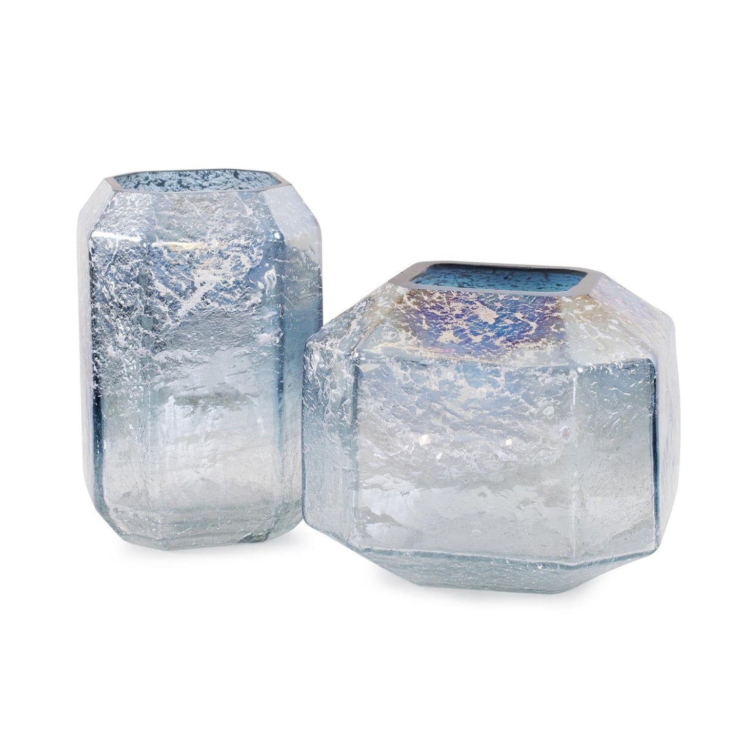 Howard Elliott Collection Lonsdale Iridescent Tall Glass Vase, Arctic Blue Square Vase with Geometric Texture, Decorative Accent for Table, Shelf or Centerpiece, 6.25H x 7.88W x 7.88D, Blue Silver
