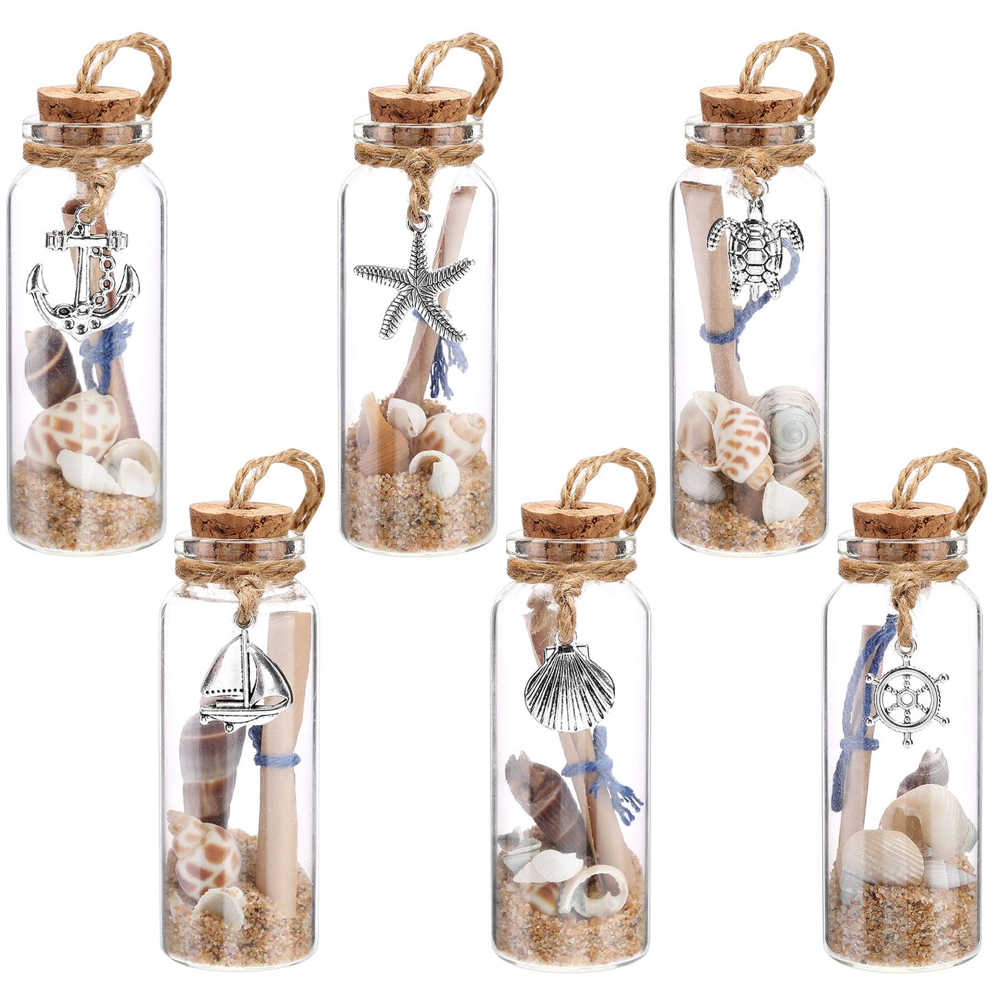 Qunclay 6 Pcs Coastal Beach Ornaments Nautical Glass Message Bottle Christmas Ocean Sand Jar Hanging Ornaments Decorations with Seashell for Home Xmas Tree Wedding Baby Shower Party Favors