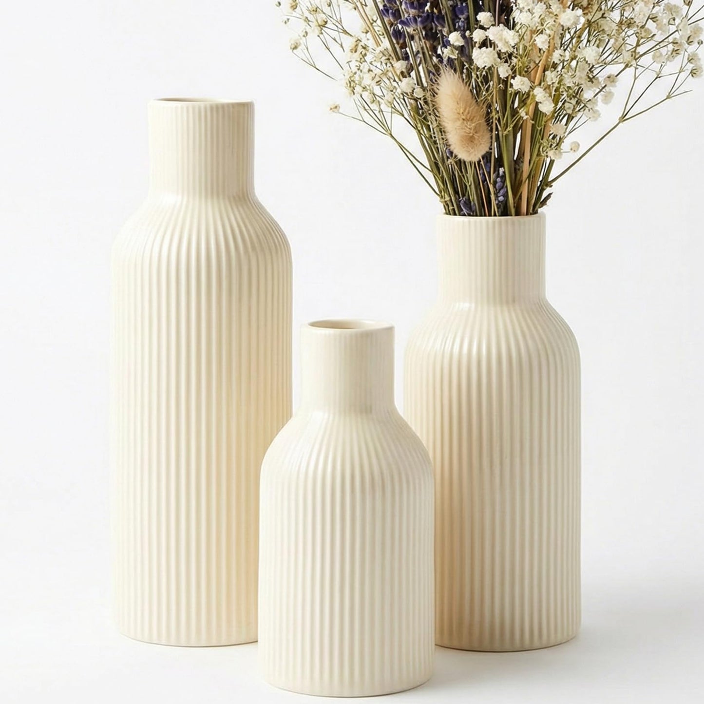 TrendEcoHome Beige Ceramic Flower Vases Set of 3, Modern Smooth Ribbed Texture, Nordic Minimalist Decor for Pampas, Dried & Fresh Flowers, Centerpiece for Living Room, Shelf, Entryway, Wedding