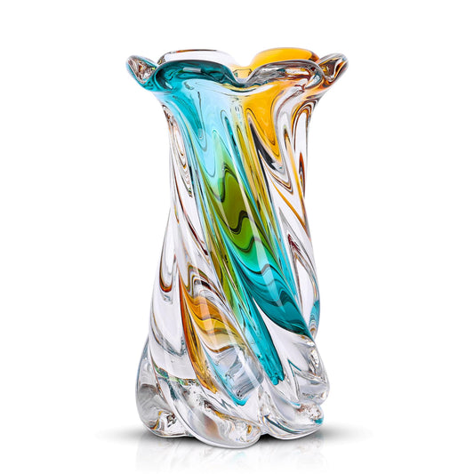 9.45in H Clear Hand Blown Glass Vase, Beautiful Teal and Amber Sea Glass Flower Vases for Bouquet, Colored Wide Mouth Vase for Home Kitchen Bathroom Dining Table Unique Centerpiece