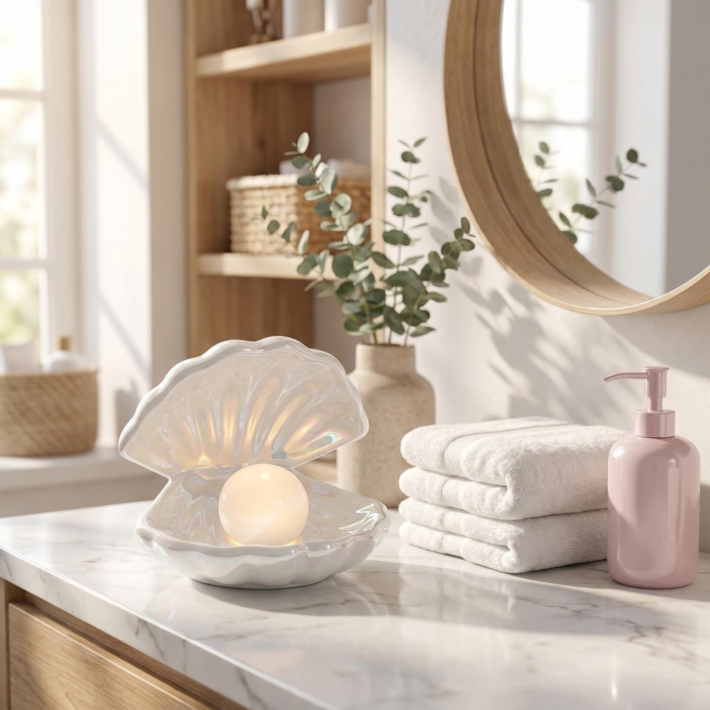TOYANDONA Ceramic Shell Pearl Light - White Led Clam Lamp with Removable Pearl Battery Operated Soft Light for Room Tabletop Decor, Ideal Birthday