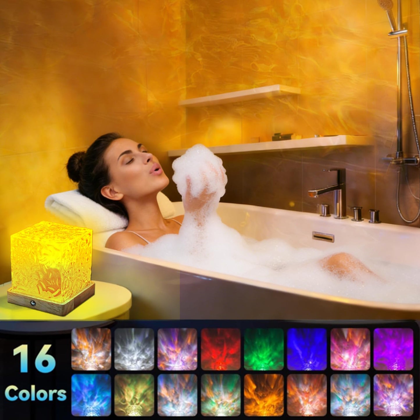 LETOUR Spa Like Shower Lamp,Rechargeable Shower Light 16 Color Changeable Ocean Wave Projector Lamp, Dimmable Waterproof Shower Lamp with Remote, Rotating Cube Water Ripple Lamp for Bath