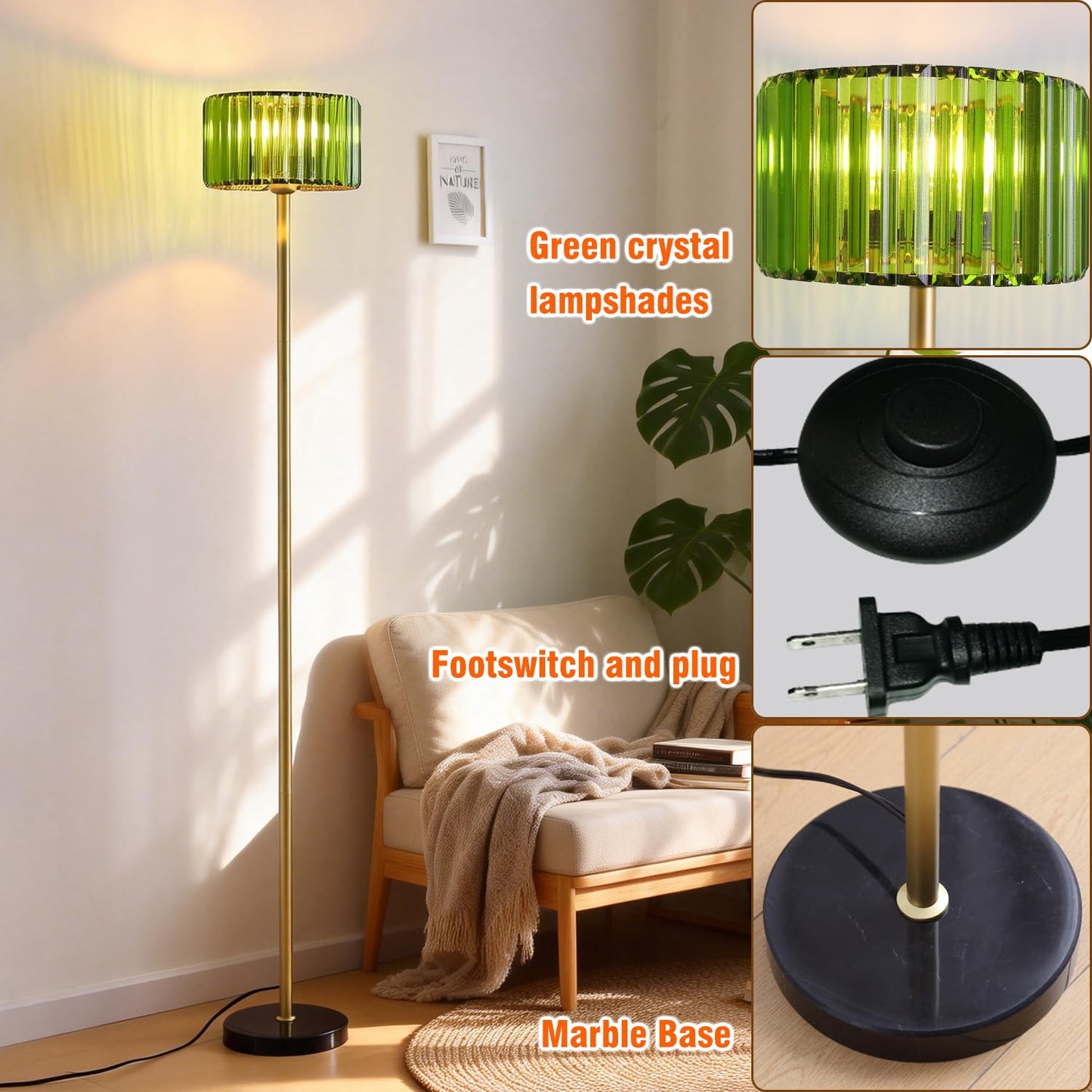 Asmymhd Modern Crystal Floor Lamp, Gold Standing Light with Green Crystal Shade, Mid Century Pole Lamp for Living Room, Bedroom, Corner Office (Gold and Green)