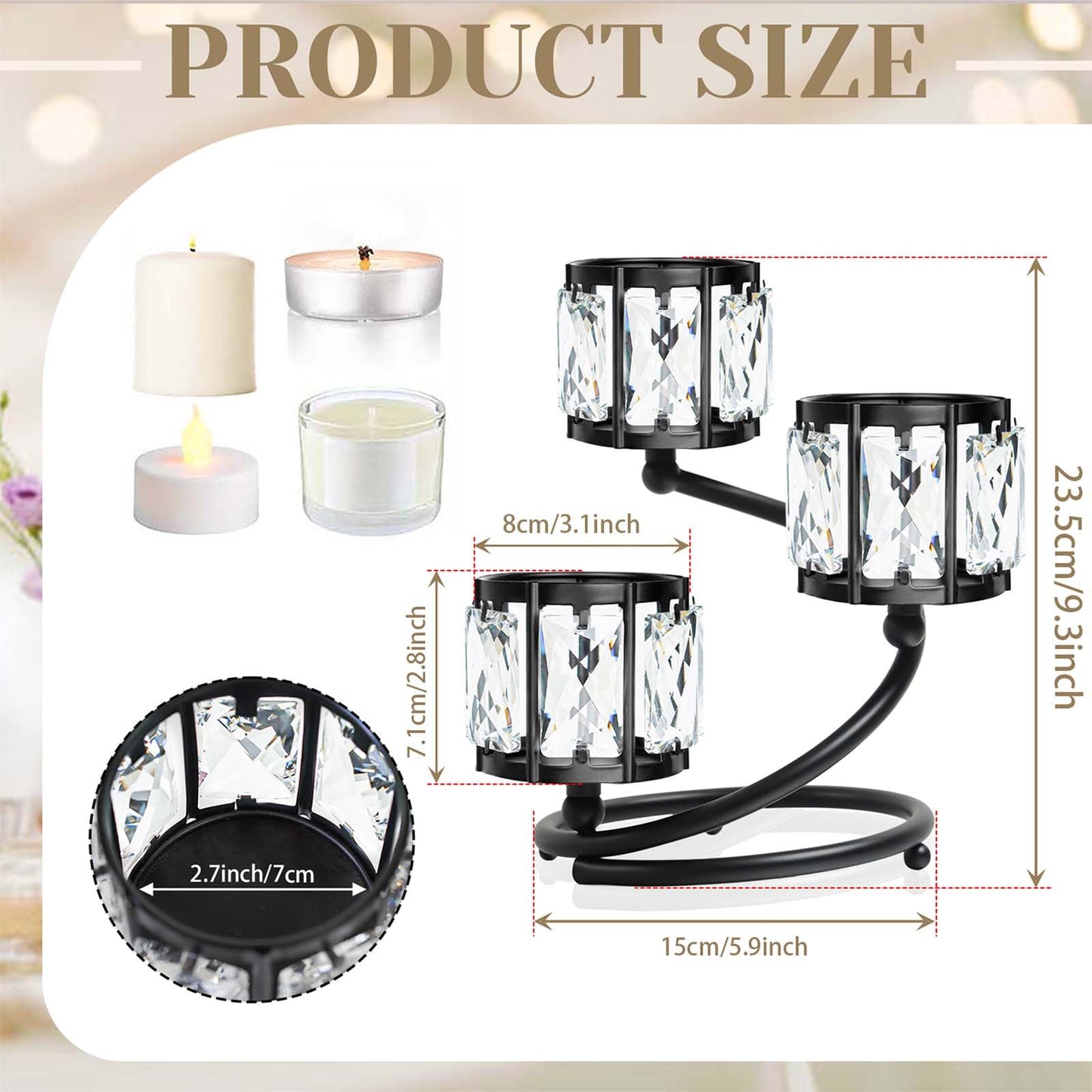 Metal 3 Arm Crystal Candle Holder - Tea Light Centerpiece Candle Holder, Votive Holder with Sparkling Crystal Bowl, Suitable for Wedding, Table Centerpiece, Home Decor (1, 3 arm-Black)