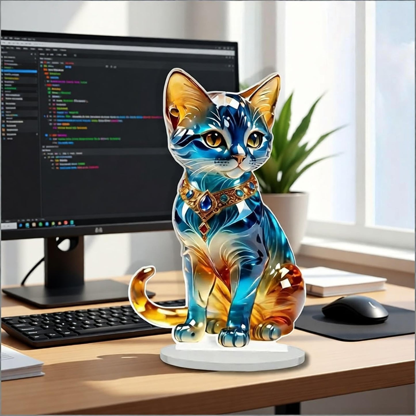 YUEYINGMG Desktop Ornament, Acrylic Fairy Tabletop Decoration, 2D Flat Elf Desktop Art Statue, Creative Decoration for Home Table Top Bedroom Living Room Study Room Office Decor (Blue-Cat)