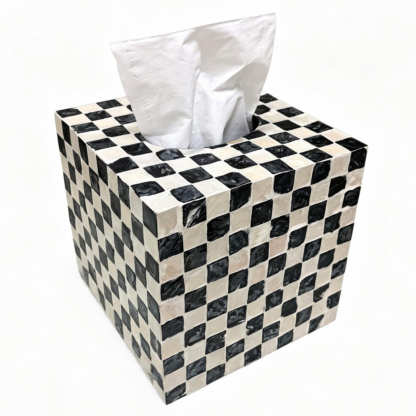Chicapica 5.9" Square Mother of Pearl Tissue Box Cover – Black & White Checkered Decorative Cube – Handcrafted Mosaic Tissue Holder for Bathroom Vanity, Bedroom, and Home Office