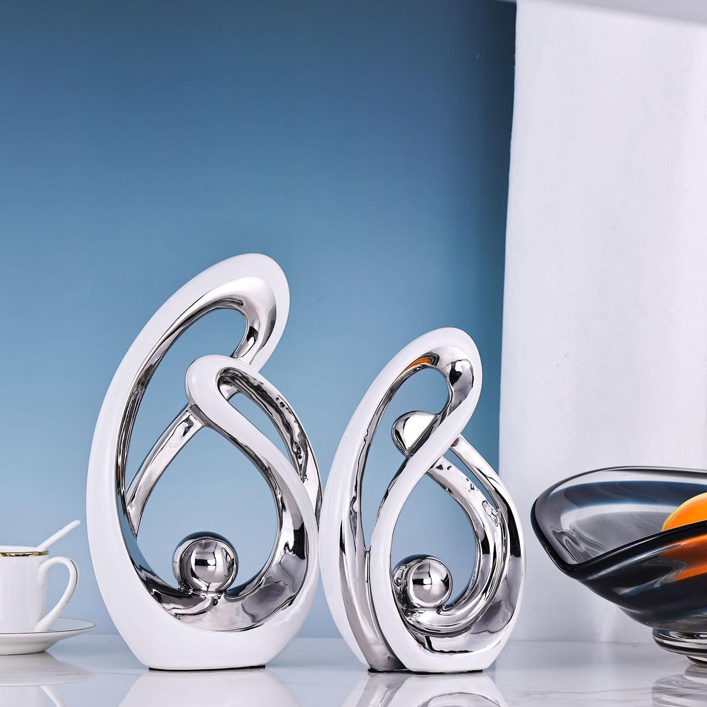 Home Decor Accent,Porcelain Art Mid Century Bookshelf Decorations,Gold Centerpieces for Tables,Abstract Ceramic Statue Sculpture for Coffee Table Mantel Tv Stand Centerpieces (White Silver, Large)