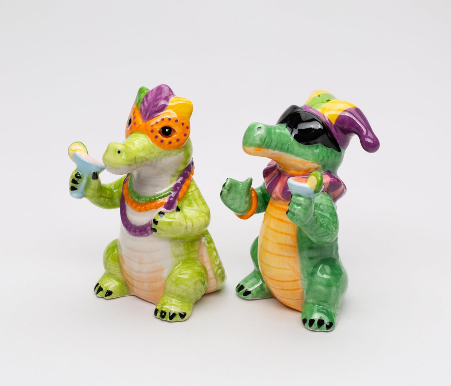 Fine Ceramic Mardi Gras Fat Tuesday Masked Crocodille Allegator Salt & Pepper Shakers Set, 3-7/8" H