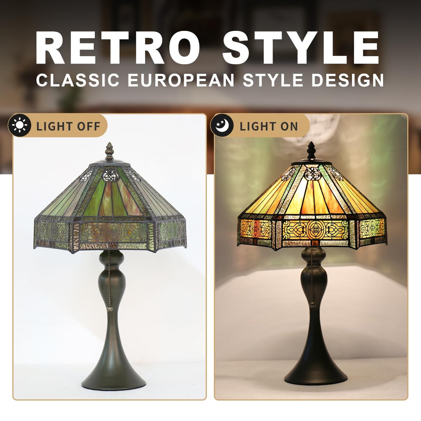 TFNALNB Tiffany Style Table Lamp, Stained Glass Lamp, 12x12x19 Inch, Vintage Metal Base Desk Light,（Amber）