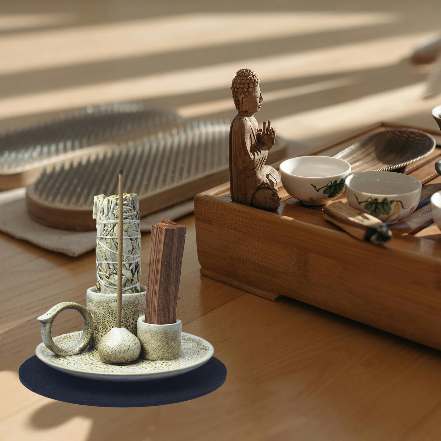 Fyedroed 4 in 1 Incense Burner Holder for Sticks, Palo Santo Sticks Holder, Candle and Sage Holder for Burning Ceramic Ash Catcher Tray for Meditation Yoga Room Home Decor (Gray)
