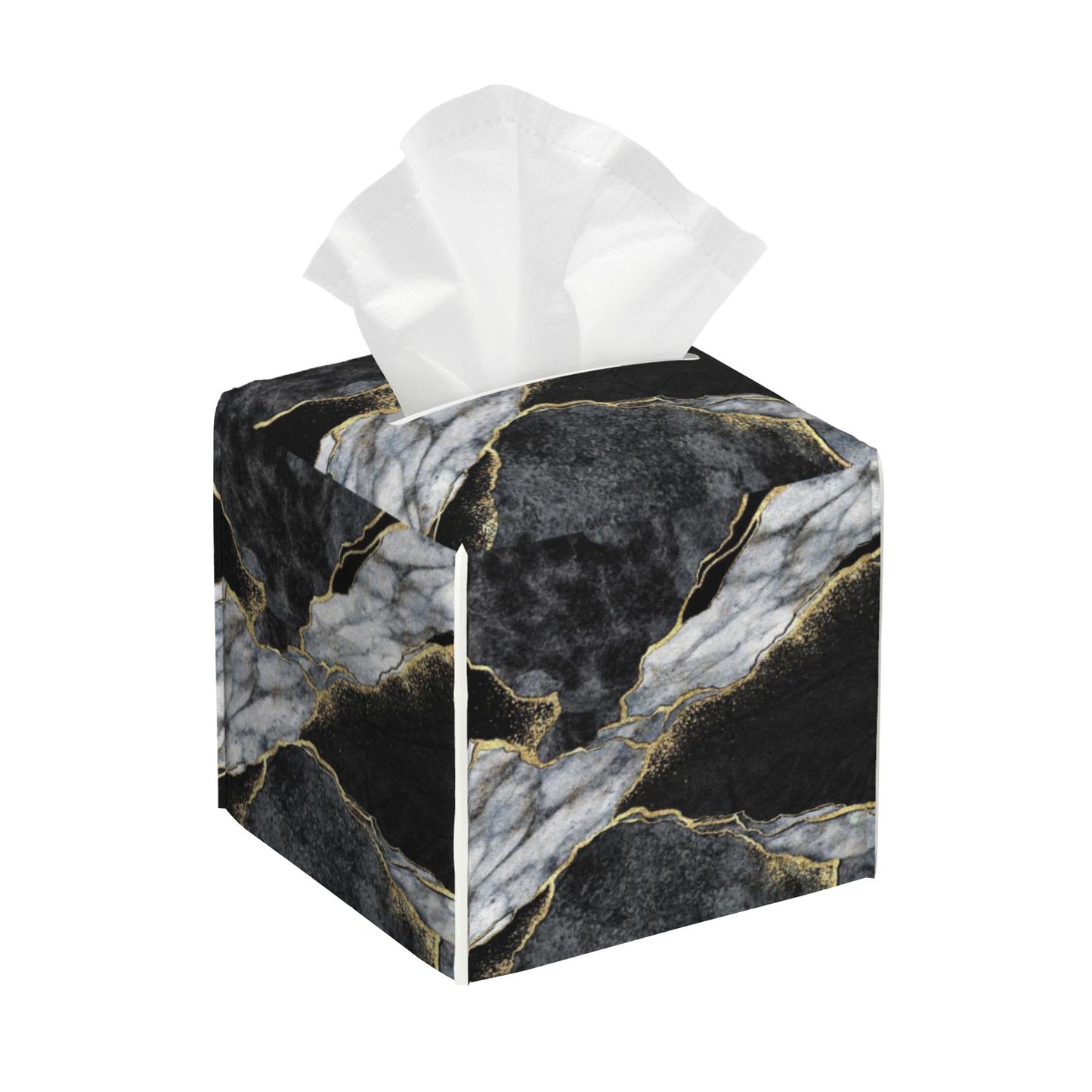 Black White Marble Tissue Box Cover Square,Golden Veins Leather Tissue Holder with Bottom Belt,Facial Paper Organizer Tissue Box Cover for Home Office Bathroom Vanity Countertop,5.2" x 5.2" x 5.2"