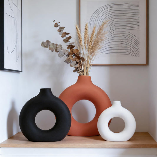 Querro Modern Ceramic Vase Set of 3 - Minimalist Matte Decorative Pottery Flower Vases for Modern Farmhouse Stoneware Home Decor Aesthetic Vases for Living Room Shelf, Table Centerpiece, Office Decor