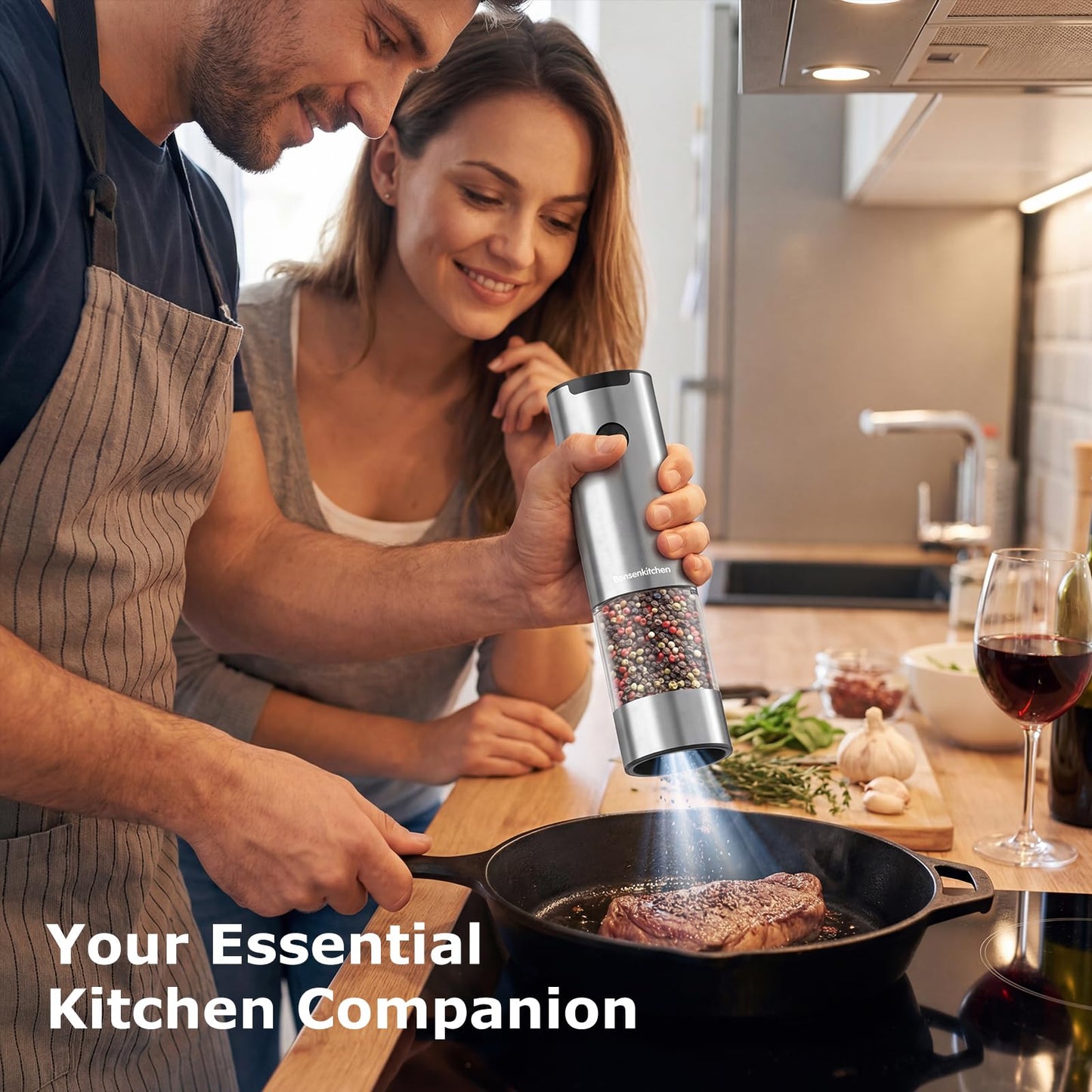 Bonsenkitchen Electric Salt and Pepper Grinder Set, 95ml Large Capacity, Clean Brush, Stainless Steel Adjustable Pepper Mill with LED for Kitchen, BBQ & Camping, Battery Powered (Not Included)
