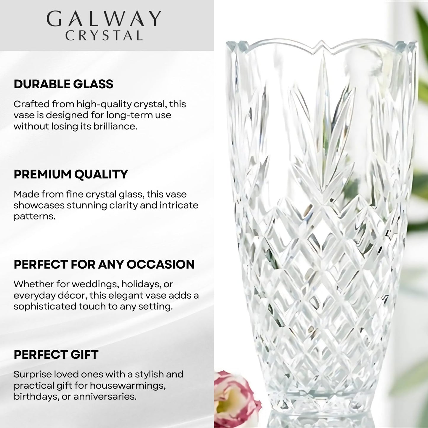 Galway Crystal Renmore Vase 12"H x 8"W, Cut Glass Cylinder Flower Vase, Decorative Centerpiece for Home Decor