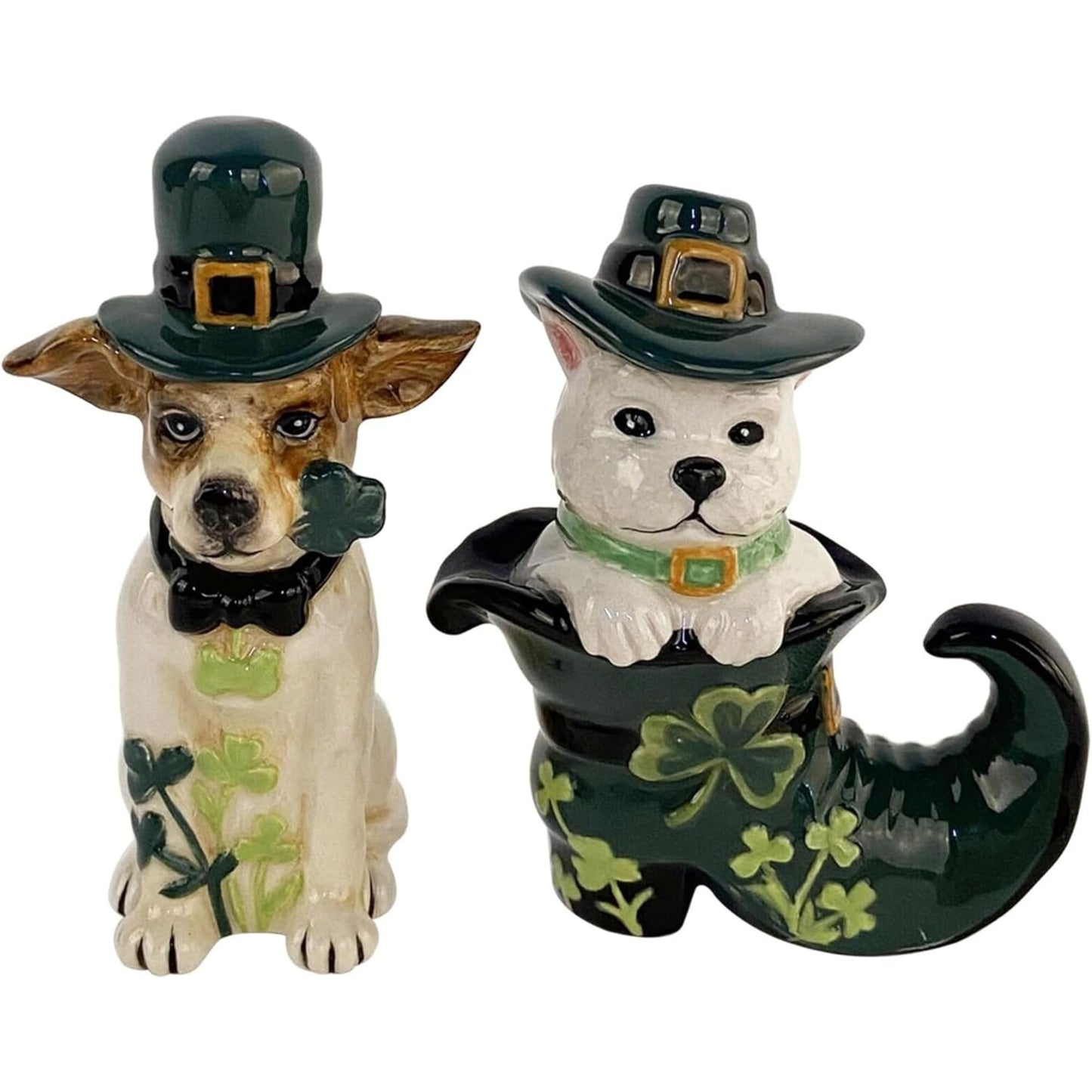 Blue Sky Clayworks Dogs Salt & Pepper Shaker Set, 5" L x 2" W x 4" H, Leprechaun Hat Pups with Clover Wink