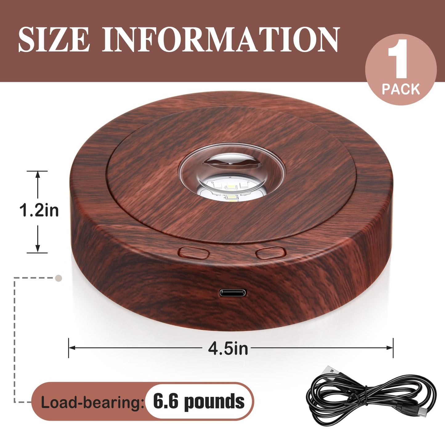 Woanger 4.5 Inch Rotating Display Stand LED Motorized Turntable Base with 360° Rotation Lighted Base for Glass Art Wood Grain for Crystal Jewelry Display USB & Battery Powered