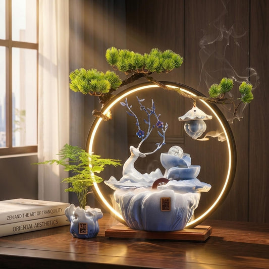CIFUPUQU Tabletop Water Fountain, 17.3”Tall Deer Statue Waterfall Fountain with Incense Holder, LED Light & Adjustable Pump, Zen Relaxation Desk Fountains for Office,Living Room or Bedroom