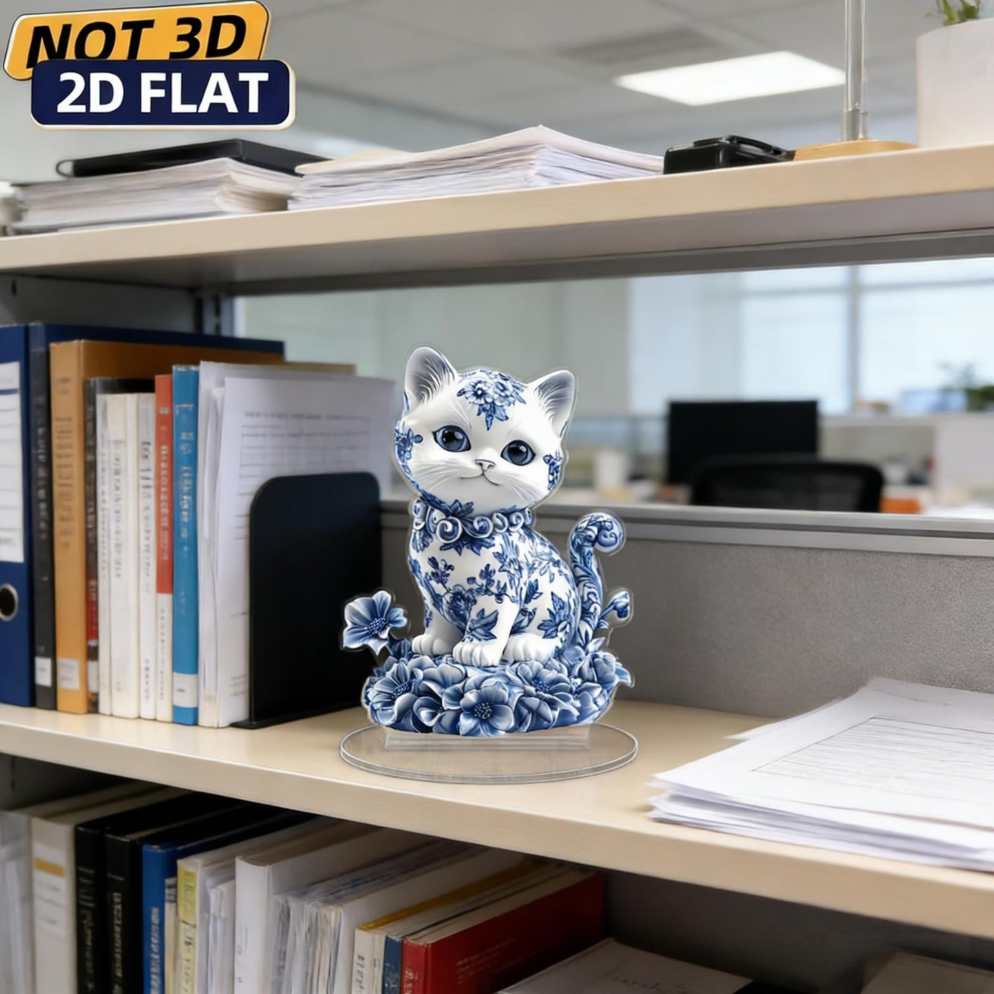 Desktop Standee, Rotatable Elf Acrylic Stand, 2D Flat Art Fairy and Peacock Tabletop Decorative Ornament, Home Study Room Bookshelf Office Creative Decor Supplies (Blue and white porcelain-cat)