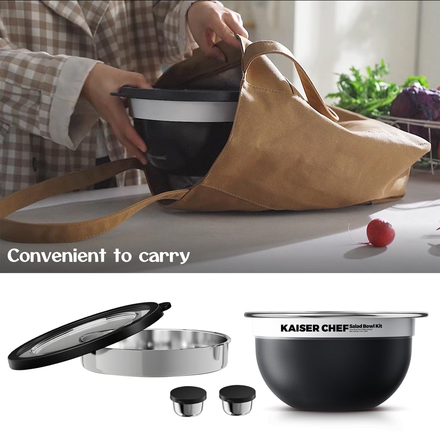 Kaiser chef Salad Bowl Kit 74oz,Salad Container For Lunch,18/8 Stainless Steel,Salad Bowl With Lid, Includes 1.7oz Condiment Container and Removable Tray,Leak-Proof, Easy to Clean(Black)