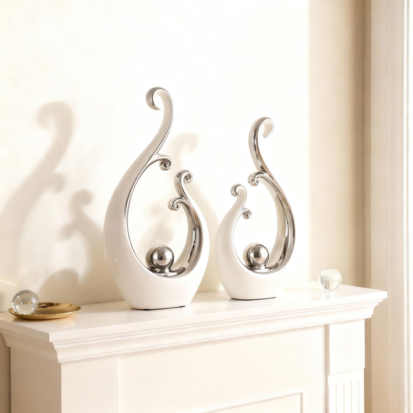 DOVDOV White and Silver Home Decor, Abstract Ceramic 2-Piece Sculpture Set, Modern mid-Century Art Statues, Perfect for Accent Tables, countertops, Coffee Tables, and entryway Decor.