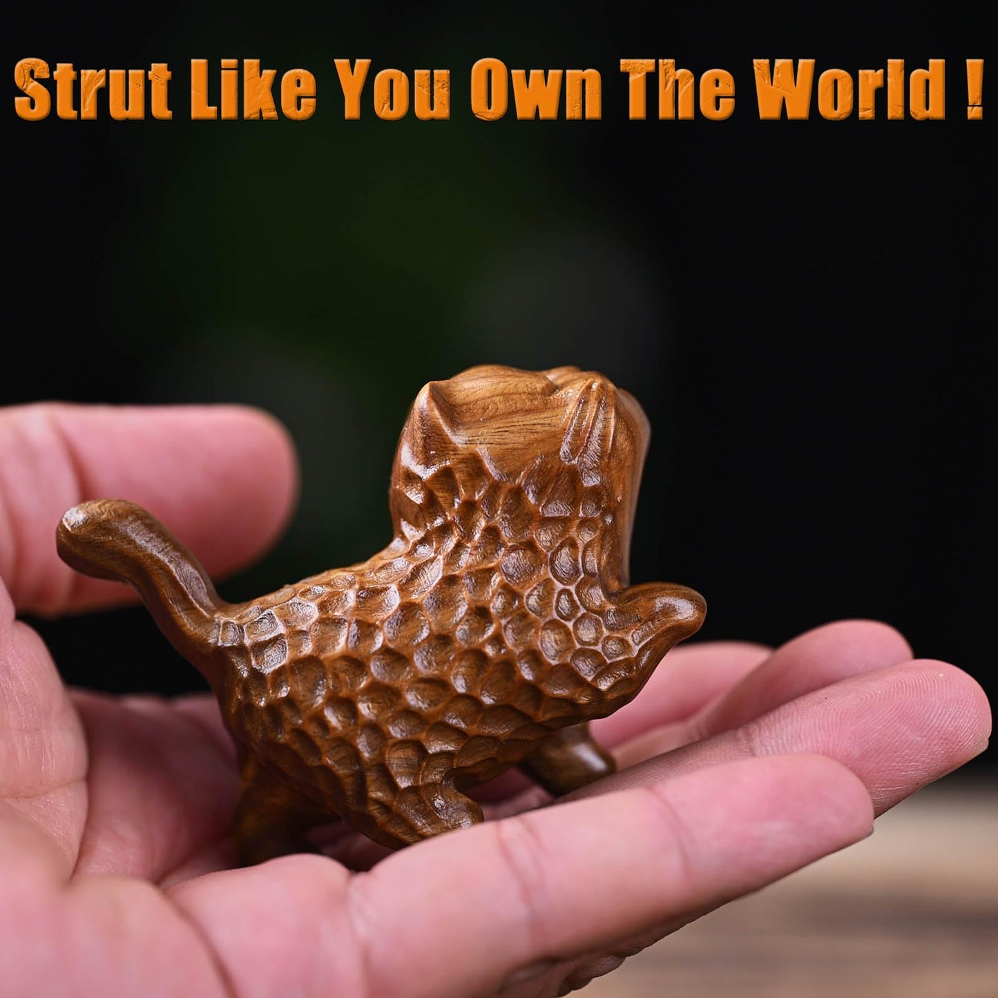 JouiiSiYa Hand Carved Green Sandalwood Cat Figurine - Proud Standing Pose Wooden Figurine, Cute Cat Desk Decor with Gift Box, 6.2x5x3cm