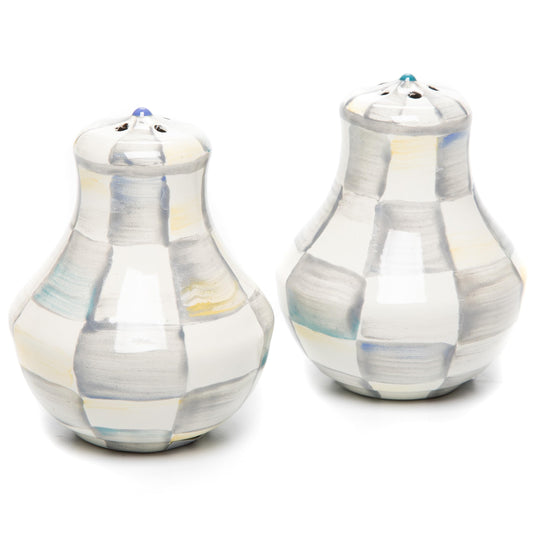MACKENZIE-CHILDS Enamel Salt and Pepper Shakers, Farmhouse Kitchen Decor and Accessories, Small, Gray-and-White Sterling Check