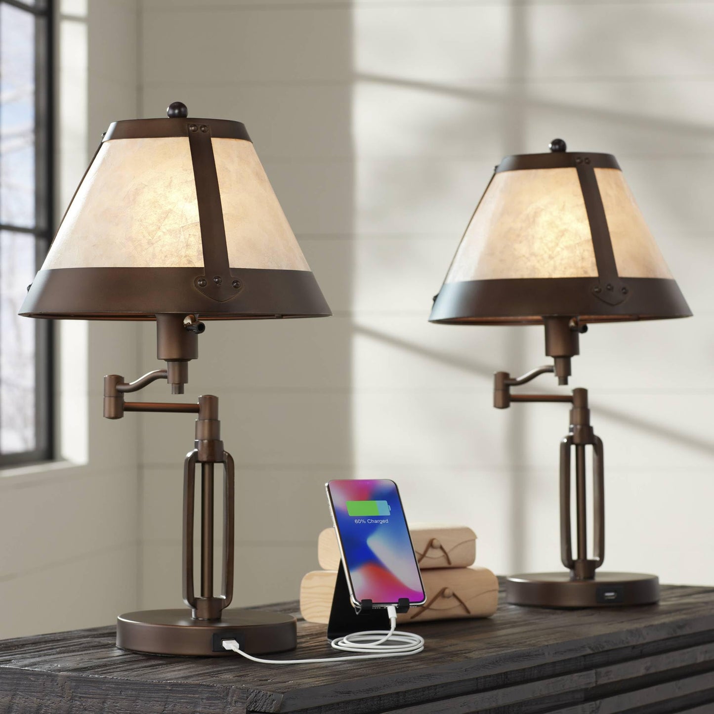 Franklin Iron Works Samuel Rustic Industrial Desk Table Lamps with USB Charging Port 21 1/4" High Set of 2 Bronze Swing Arm Mica Shade for Bedroom Living Nightstand Bedside Office Kids Room House