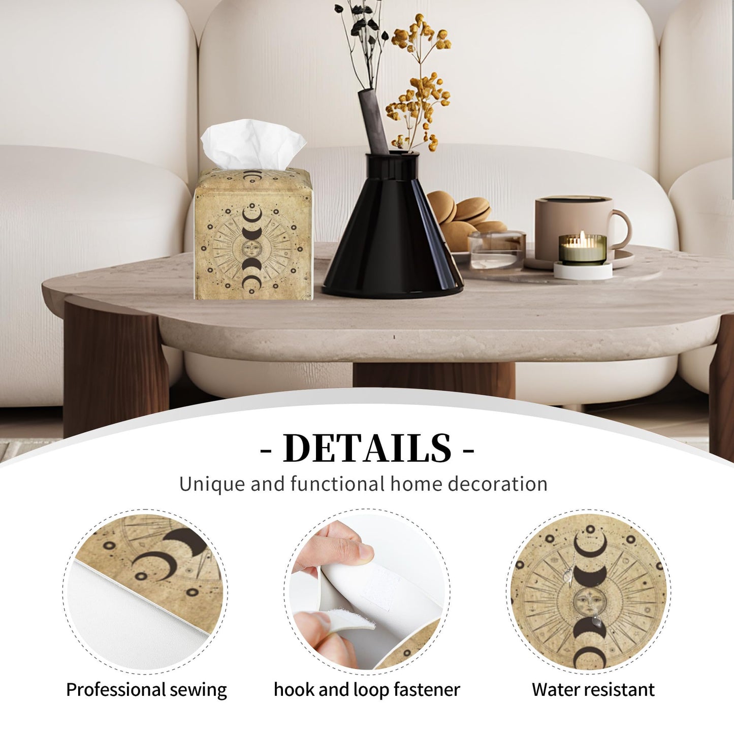 POIUBLE Leather Tissue Box Holder Moon Phases Tissue Box Cover Astrology Square Waterproof Tissue Holder Organizer Modern Napkin Holder for Bedroom Dresser Night Stand Office Desk