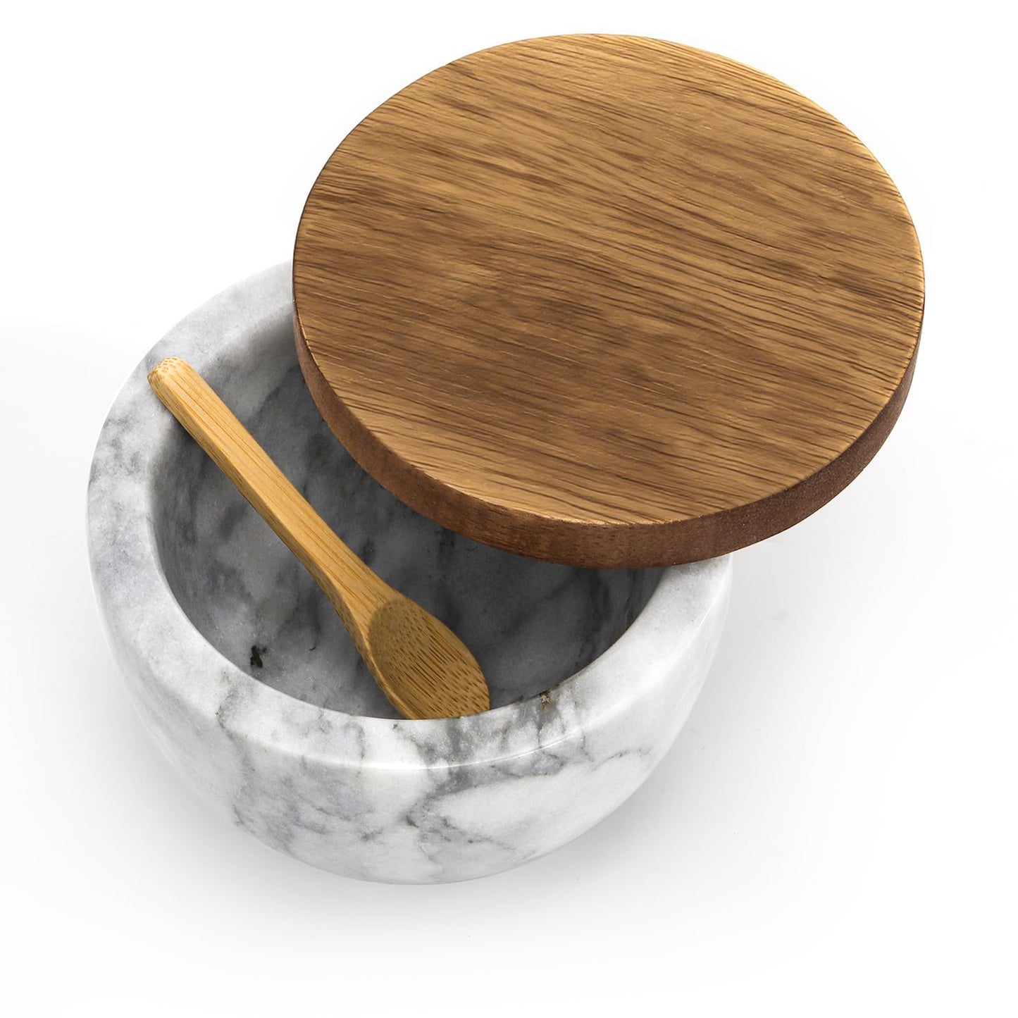 Nicunom Marble Salt Cellar with Acacia Wood Lid and Spoon, Elegant Handcrafted Salt Box Pepper Bowl Spice Jar Seasoning Keeper Salt Container for Kitchen Counter