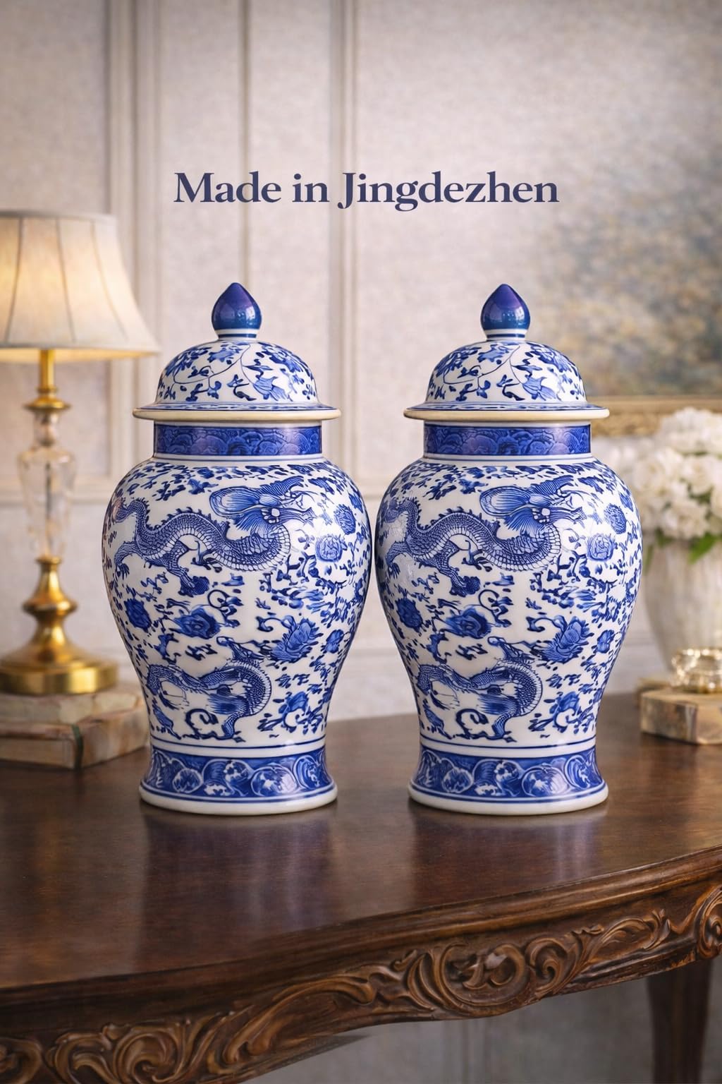 20" Classic Blue and White Floral Porcelain Ceramic Temple Ginger Jar Vase, Large China Qing Style (Dragon1)