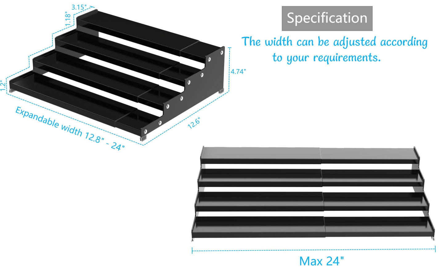 Jojocross Expandable 4-Tier Step Spice Rack Organizer for Kitchen Cabinet Modern Design and Non Skid Space Saving Storage Shelf for Countertop Cabinets Pantry(1Pack/Black)