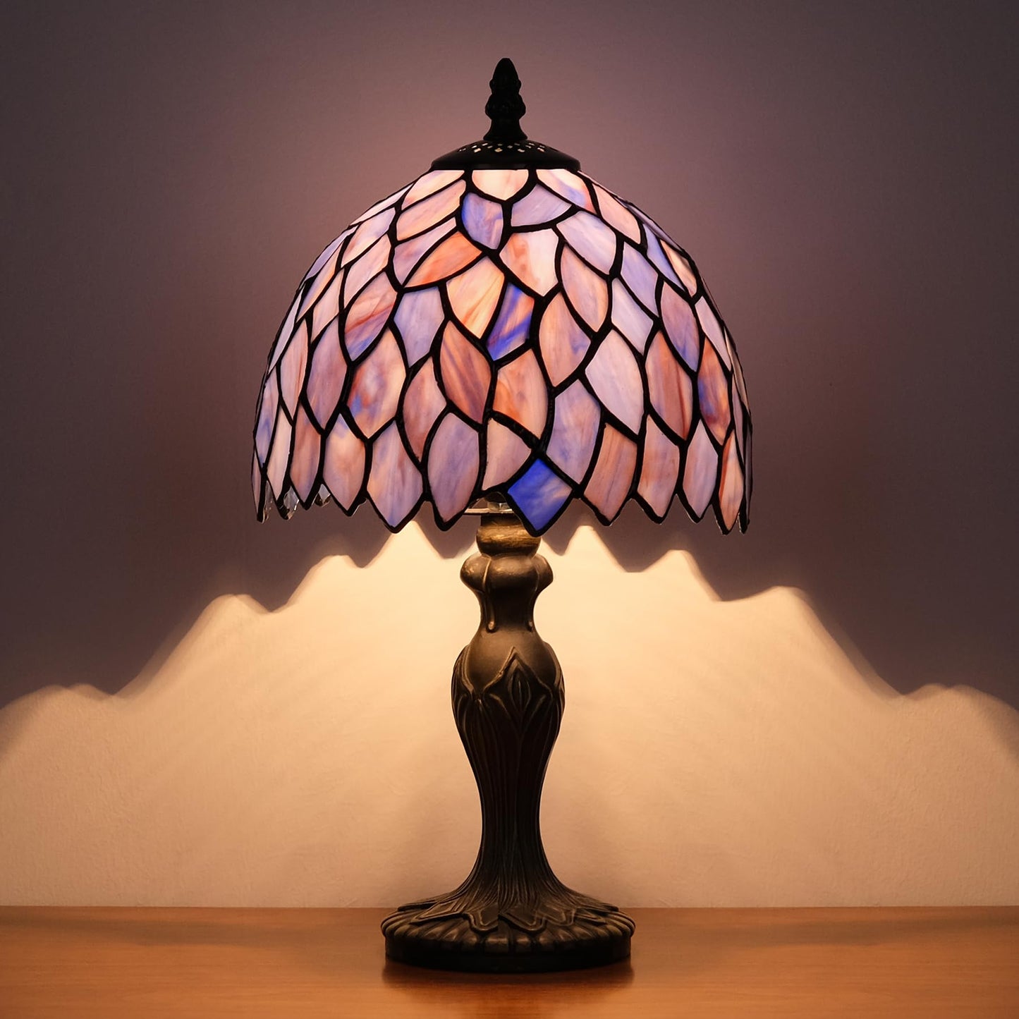 GILGGAK Small Tiffany Stained Glass Table Lamp Wisteria Style Hand-Made Lampshade Nightstand Light for Bedroom Dorm Living Hallway Coffee Table Office Housewarming Gift 8X8X15 (Blue Purple Wisteria)