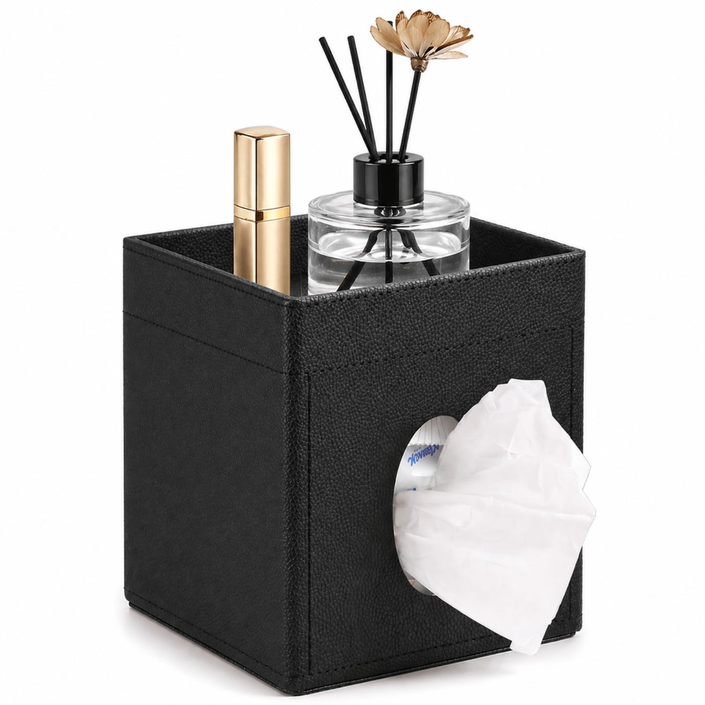 LAMOTI Leather Tissue Box Cover with Storage Tray, Square Facial Tissue Box Holder for Bathroom, Office Table, Countertop, Night Stand & More (Black)