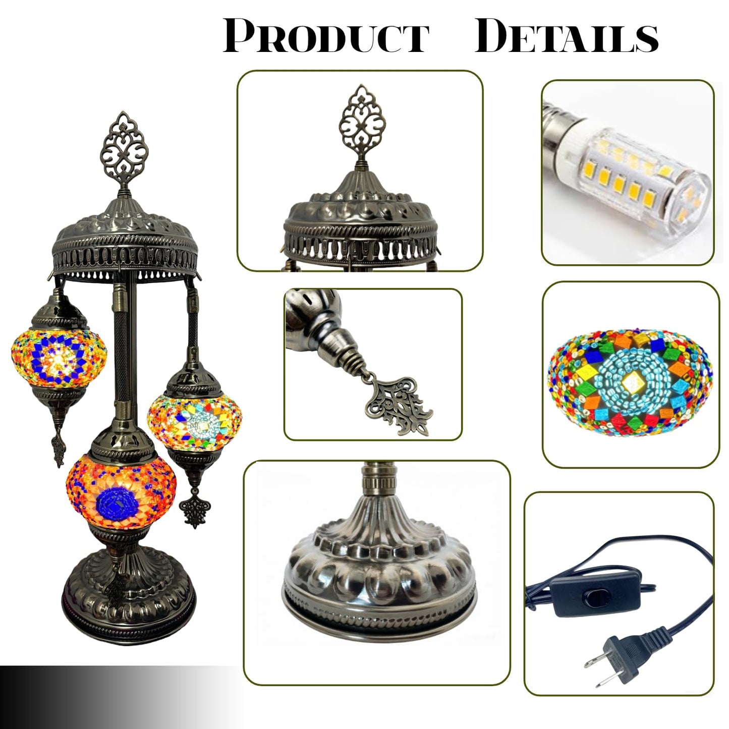 XUMAIDENG Turkish Moroccan Table Lamp Tiffany Style 3 Globes Mosaic Table Lamp Glass Bedside Lamps for Bedroom Living Room Handmade Stained Glass Lamp Vintage with Bronze Base Included LED Bulb