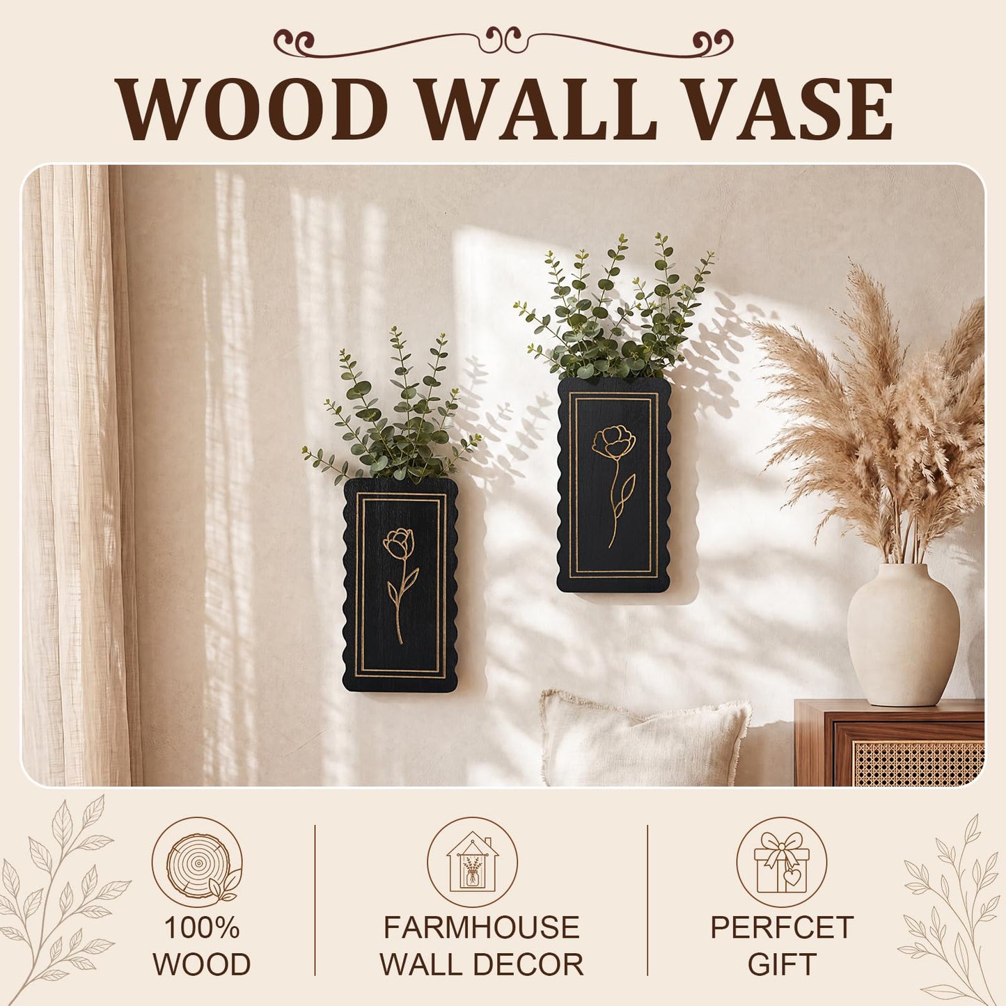 Ninehaoou 2 Pack Wooden Wall Planter Vase, Scalloped Farmhouse Wall Decor with Floral Line Art, Rustic Hanging Pockets for Faux Flowers, Living Room, Bathroom, Entryway(Black)