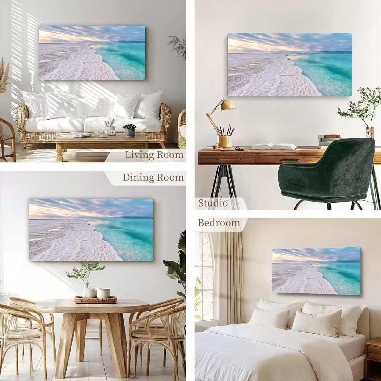 Wibinuki Canvas Wall Art Morning scenery white salt crystals beach clear wer near typical for Living Room Bedroom Bathroom Home Decor Ready to Hang 24"x12"