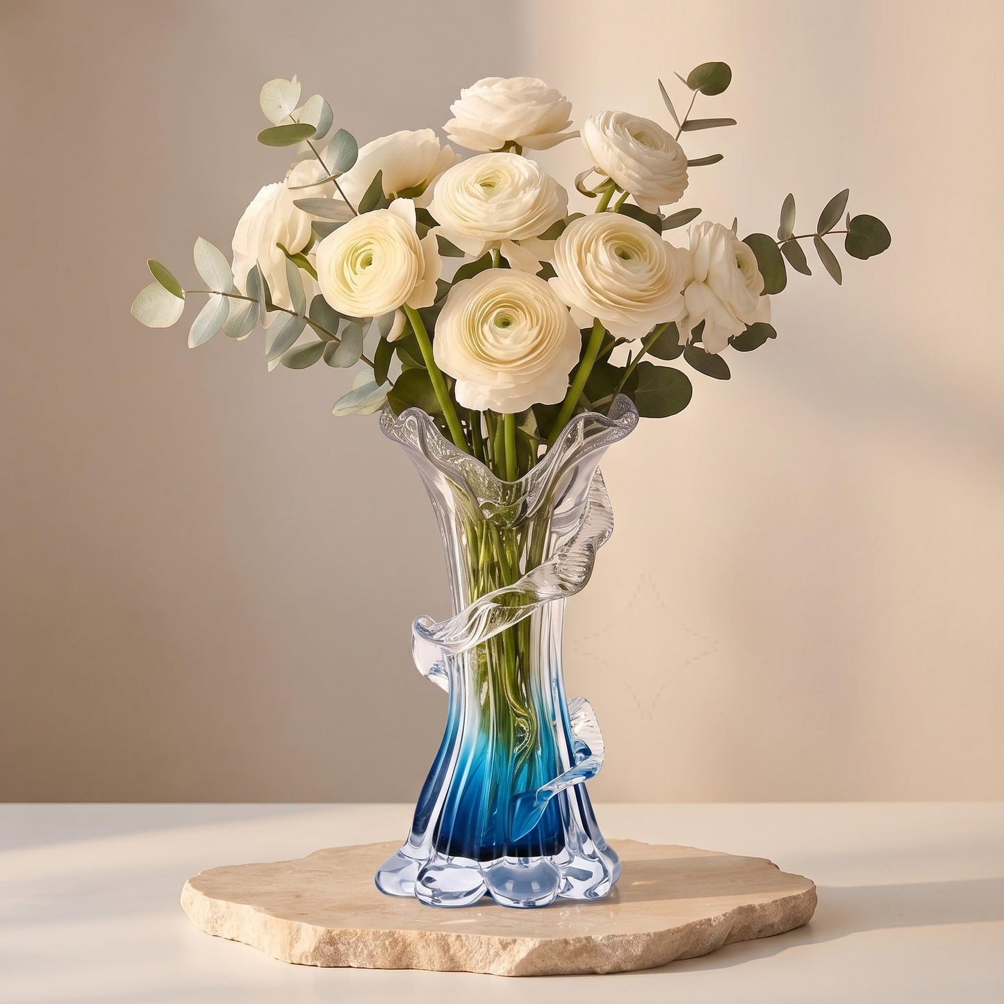 Unique Hand Blown Blue Glass Vase - Artistic Blue Gradient Flower Vase for Home Decor, Centerpieces & Office Shelf