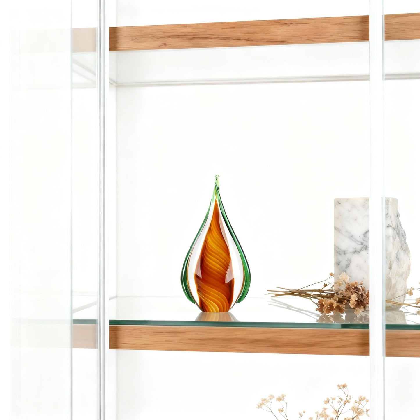 DOVDOV Blown Glass Sculpture, Green and Brown Glass Art Collectible Statue, Unique Teardrop Ornament, Suitable for Office, Bookshelf, Dressing Table, Living Room Coffee Table, or Mantelpiece Display.