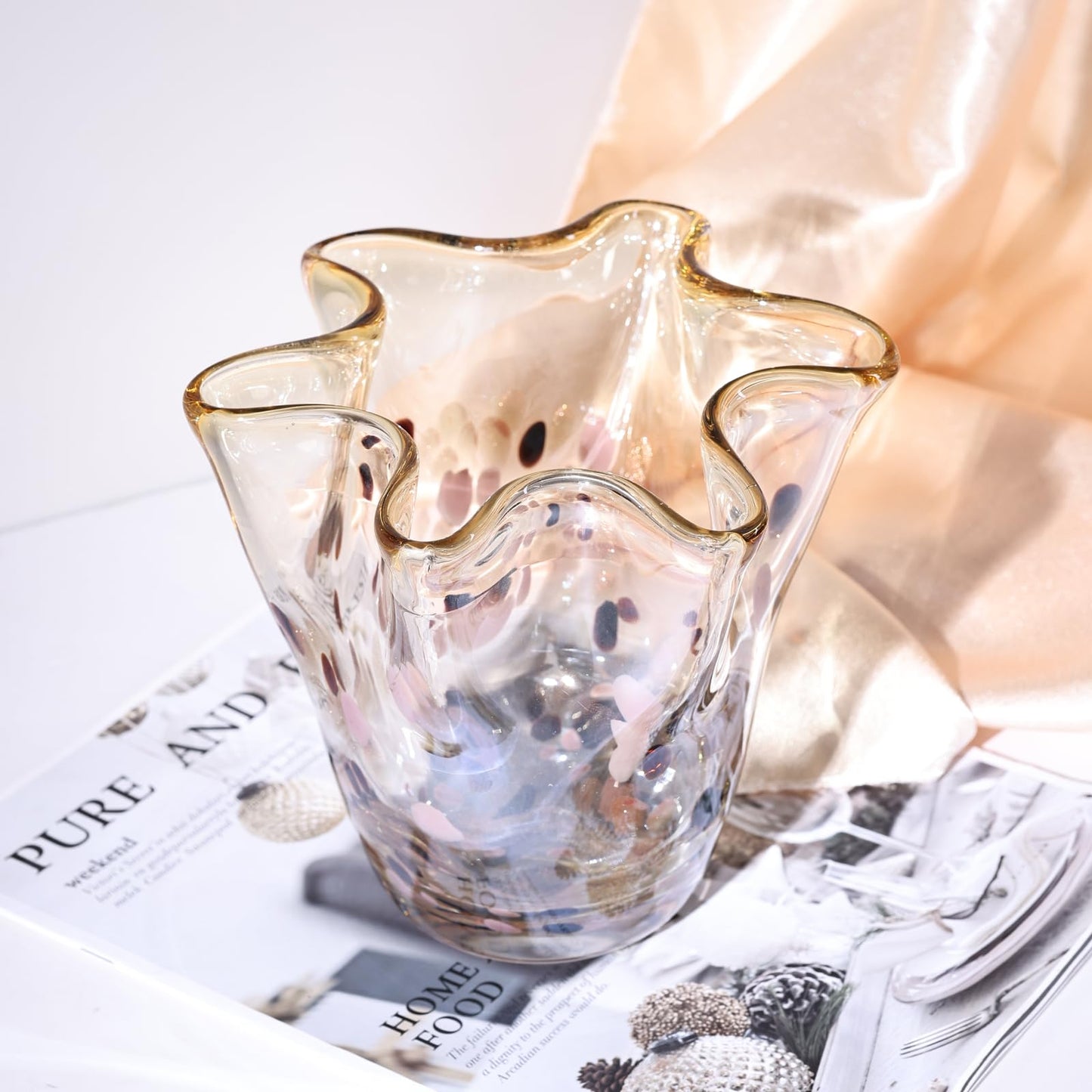 Hand Blown Amber Glass vase, Unique Brown Glass Wide Mouth vase for Console Office TV Stand Coffee Table entryway Entrance Desktop Living Room Table Centerpiece.