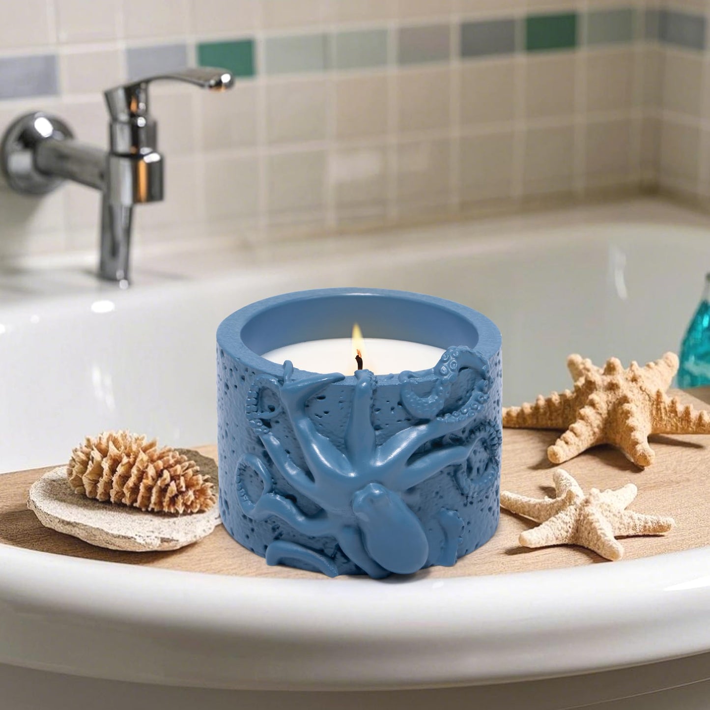 Hodao Oceanic Serenity Handcrafted Aromatherapy Box with Candle & Decor – Beach Rock Sculpture with Sea Turtle, Seashells, for Home, Bathroom, Yoga Room Decor (Blue-Octopus)