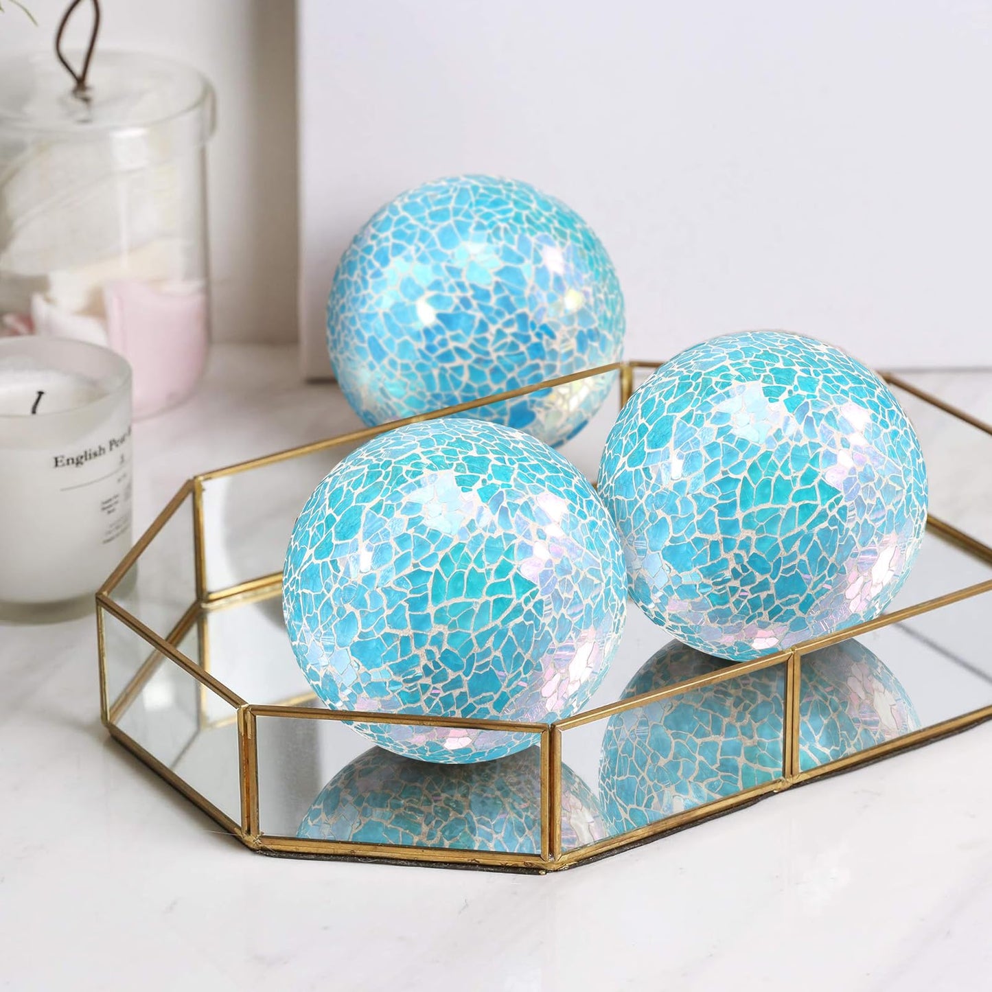 ginojex 3Pcs Mosaic Glass Orbs Decorative Balls Set 8.5cm/3.35inch Blue Sphere Wedding Party Home Decor Table Centerpiece