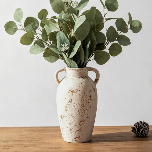 Terracotta Rustic Ceramic Vase with Handles, Washed Terra Cottar Decorative Pottery Flower Vase for Home Decor, Table, Living Room Decoration, Shelf Decor, Mantel, 9.5 Inch Vase