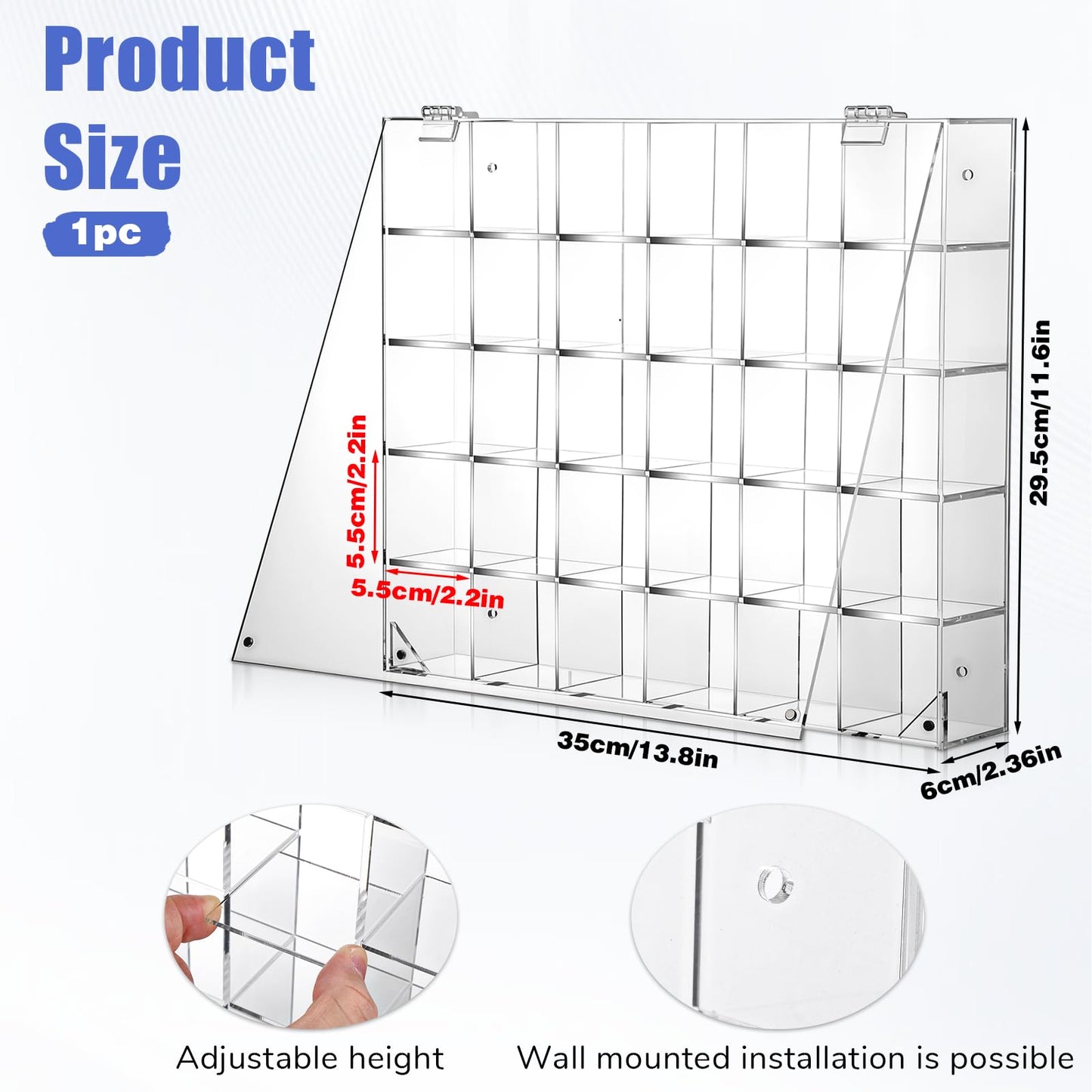 Oqqlin Adjustable Rock Display Case, 30 Grid Clear Acrylic Crystal Display Case with Lid Mineral Stones Collection Box for Rocks, Gemstones, Collectibles
