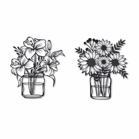NOOYAA 2 piece of black wall decor， minimalist metal line flowers，kitchen and modern Farmhouse wall decor, indoor living room, bedroom,bathroom,children's room walls 12 * 10.4 inch